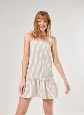 Vestido Em Sarja Listrada Com Babado