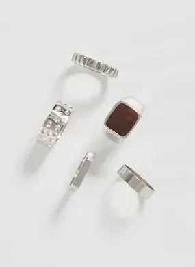 Conjunto 5 Anéis Prateados Com Resina