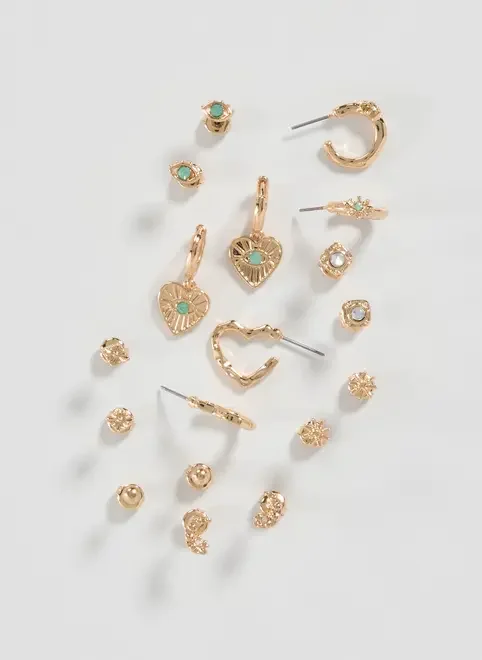 Conjunto 9 Brincos Dourados Pedra Verde