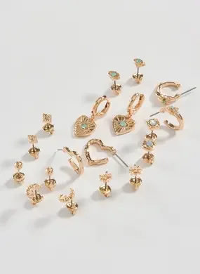 Conjunto 9 Brincos Dourados Pedra Verde