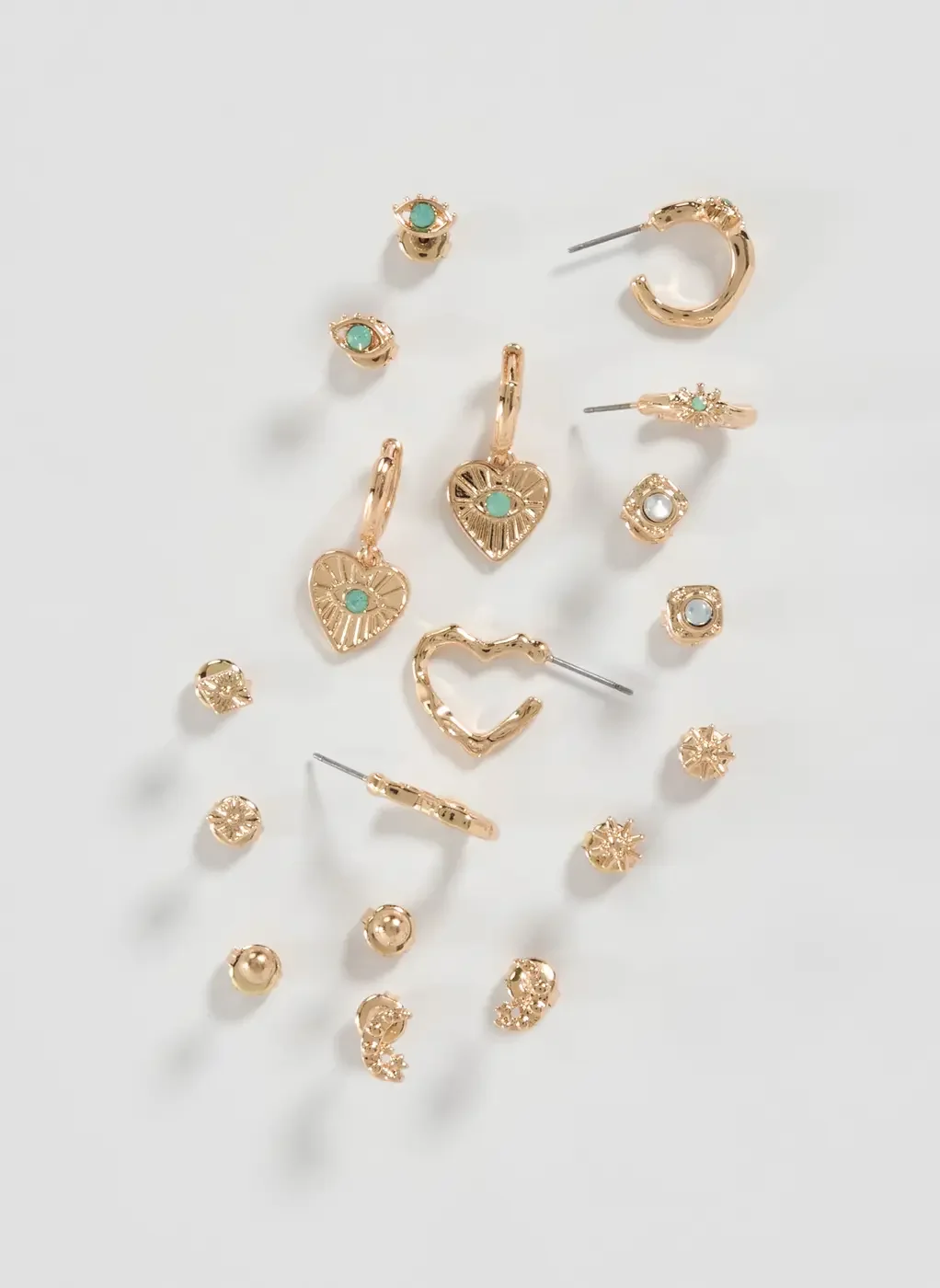 Conjunto 9 Brincos Dourados Pedra Verde