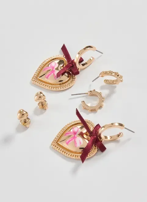 Conjunto 3 Brincos Dourados Laços