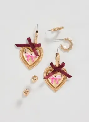 Conjunto 3 Brincos Dourados Laços