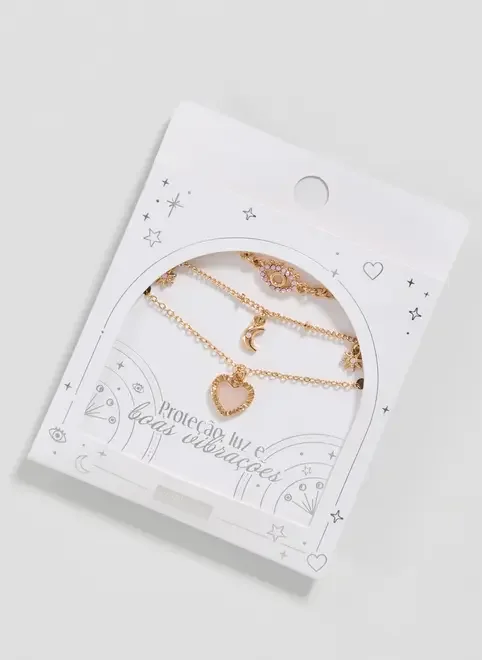 Conjunto 3 Colares Dourados Coração Rose