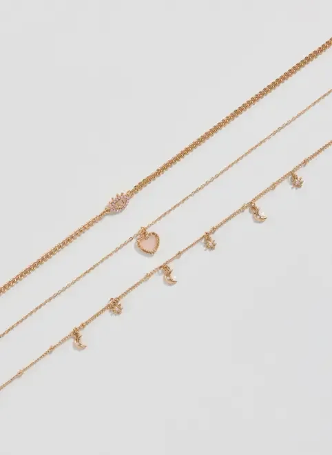 Conjunto 3 Colares Dourados Coração Rose