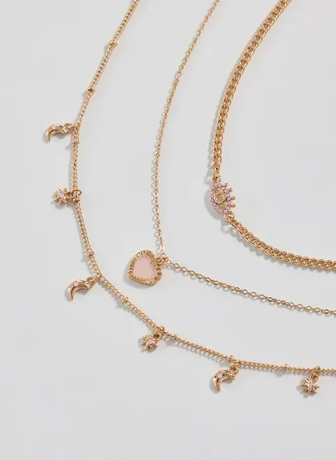 Conjunto 3 Colares Dourados Coração Rose