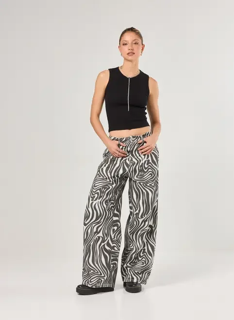 Calça Super Wide Leg Sarja Zebra