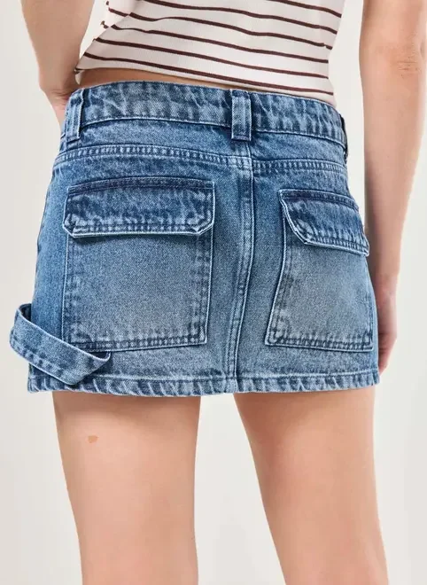 Saia Jeans Cintura Baixa Utilitária