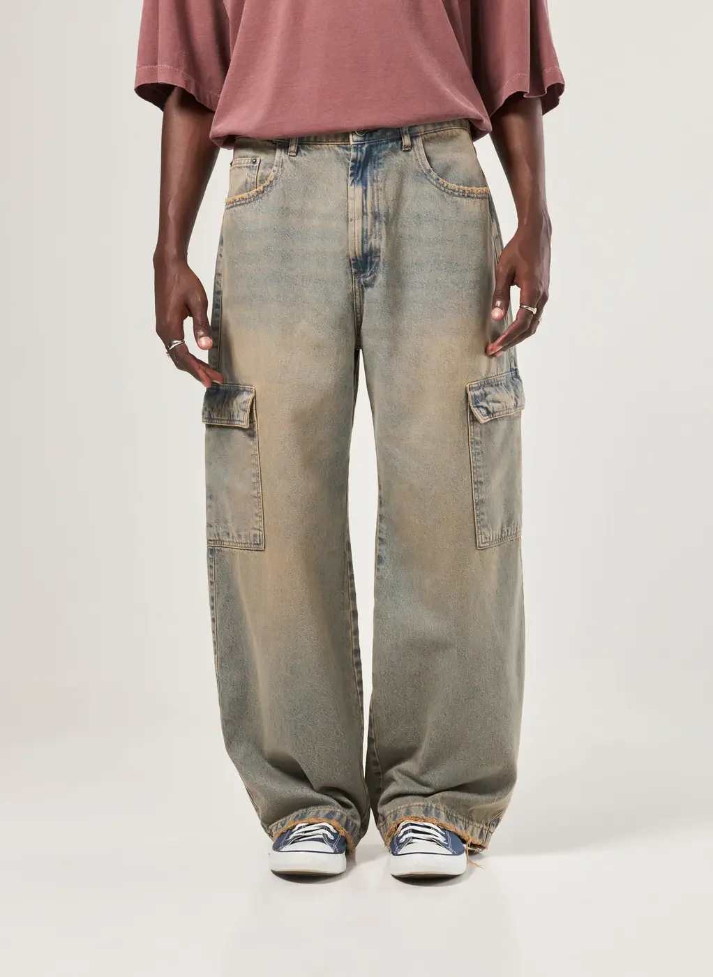 Calça Oversized Cargo Em Jeans Dirty
