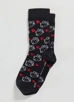 Meia Preta Hello Kitty Corações