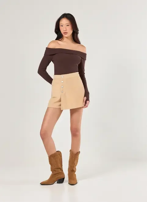 Short Saia Veludo Cotelê Caqui