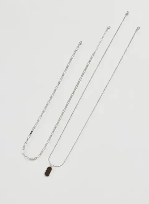 Conjunto 2 Colares Prateados Pingente Marrom