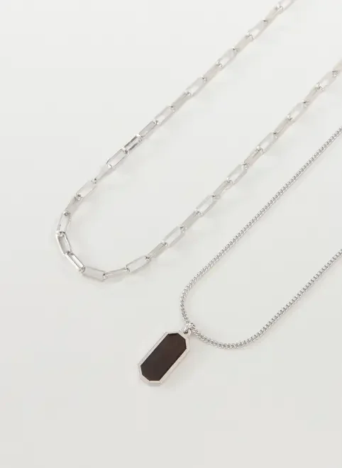 Conjunto 2 Colares Prateados Pingente Marrom