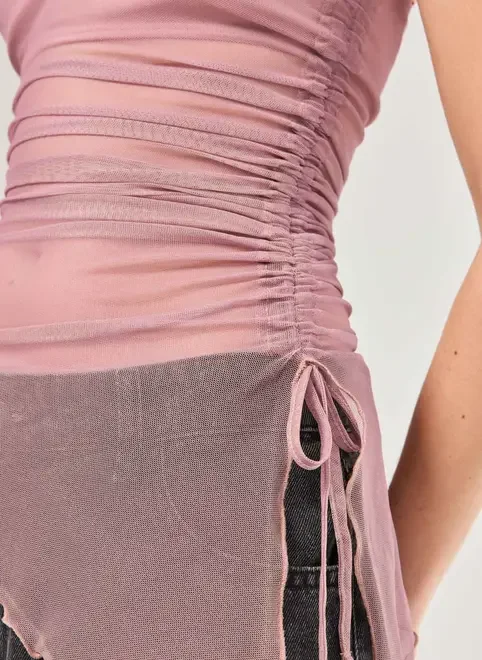 Blusa Em Tule Rose Com Barra Assimétrica