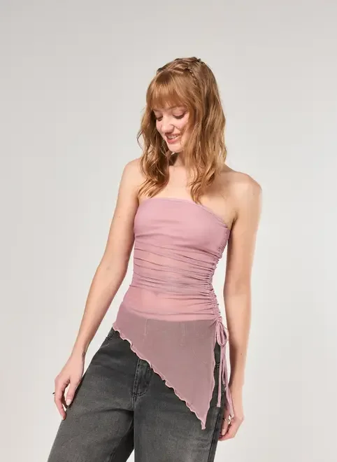 Blusa Em Tule Rose Com Barra Assimétrica