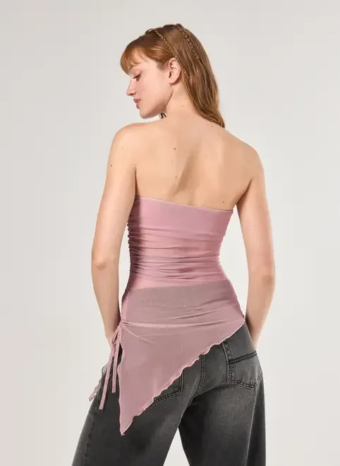 Blusa Em Tule Rose Com Barra Assimétrica