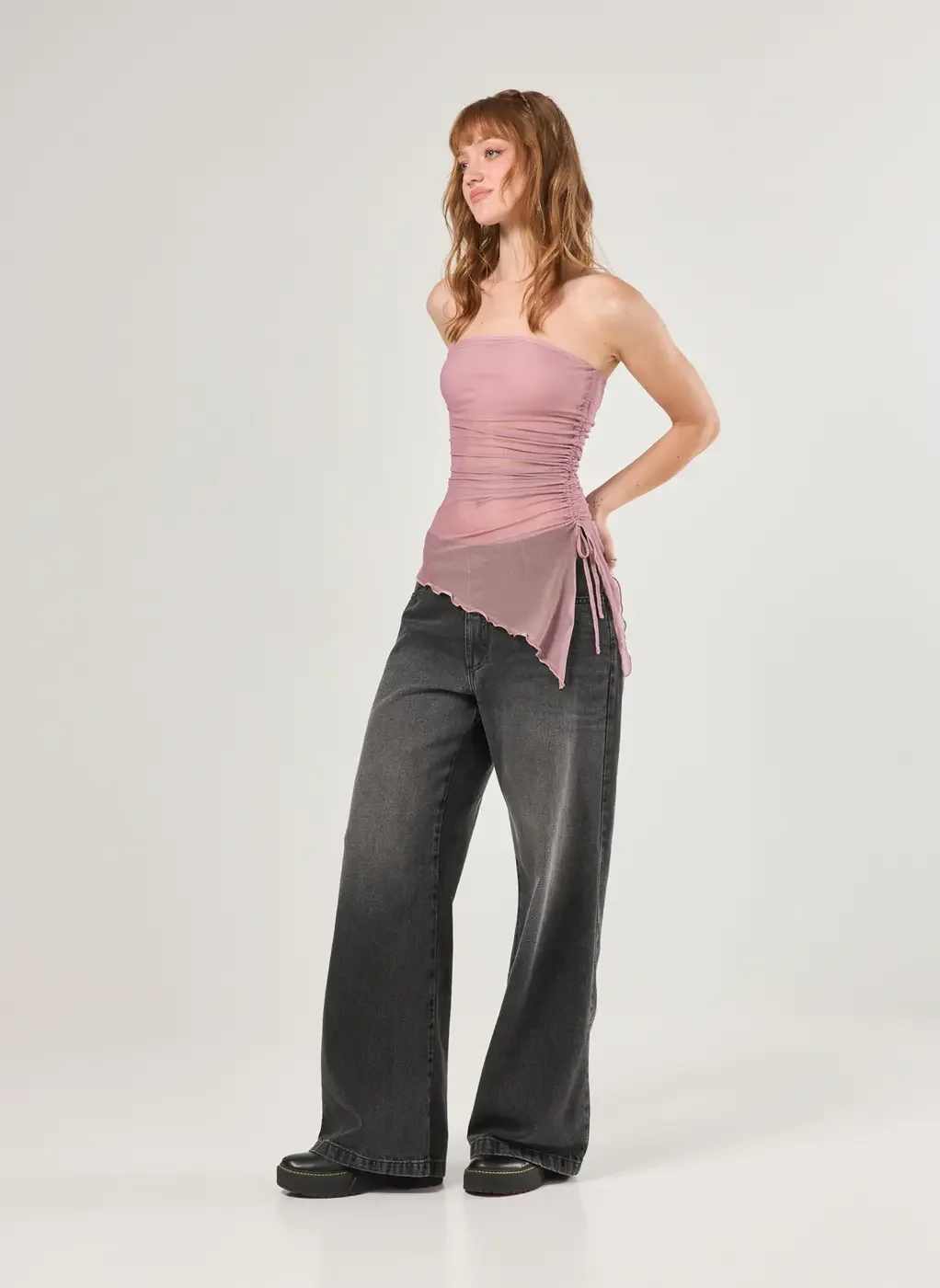 Blusa Em Tule Rose Com Barra Assimétrica