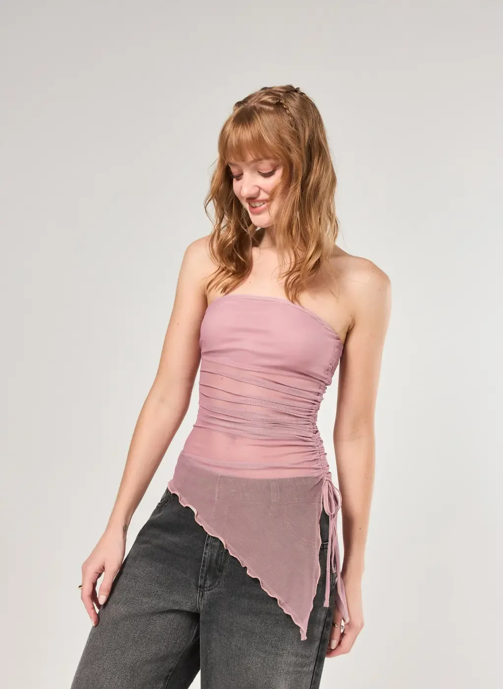 Blusa Em Tule Rose Com Barra Assimétrica