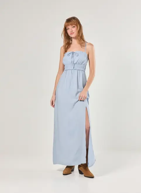 Vestido Longo Azul Elástico Na Cintura