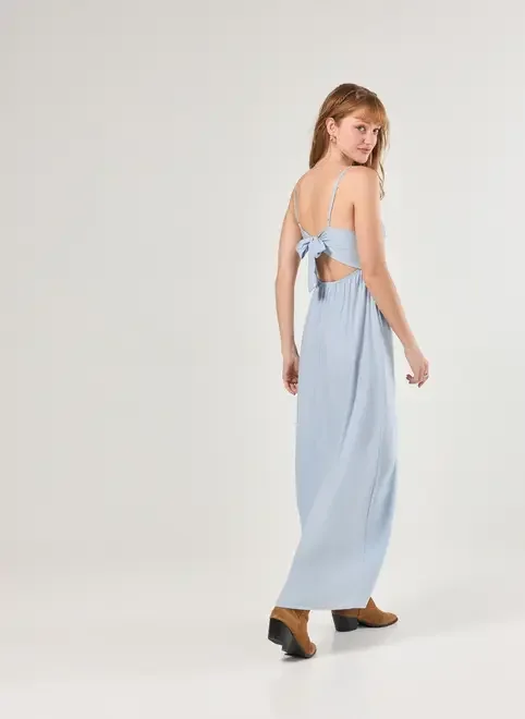Vestido Longo Azul Elástico Na Cintura
