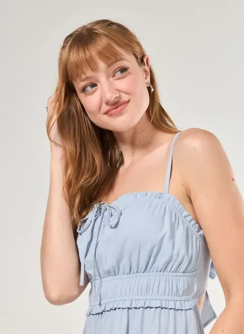 Vestido Longo Azul Elástico Na Cintura