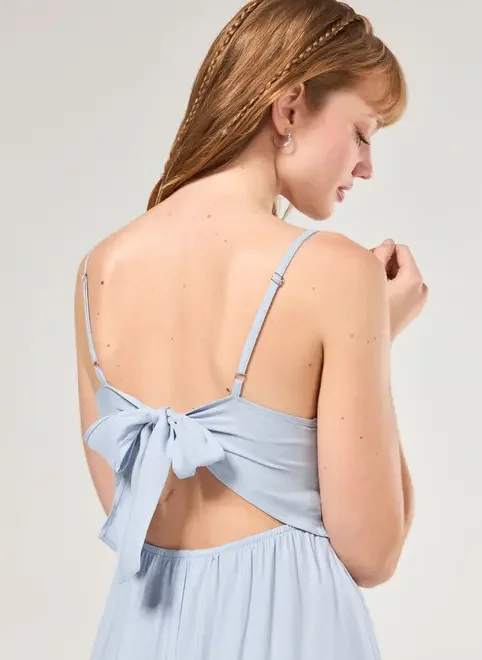 Vestido Longo Azul Elástico Na Cintura