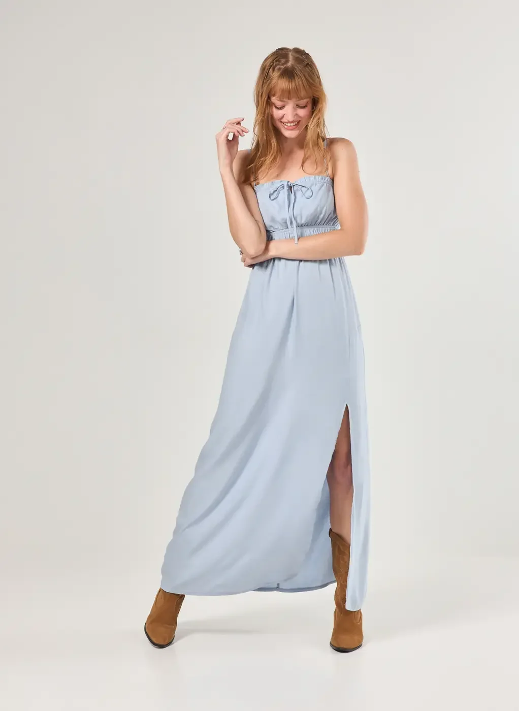 Vestido Longo Azul Elástico Na Cintura