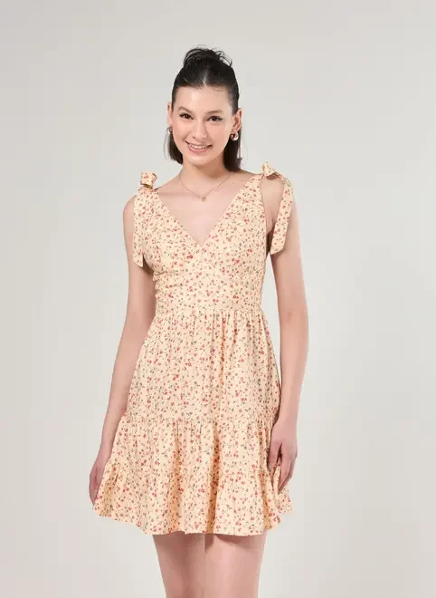Vestido Laços Amarelo Manteiga Florzinhas