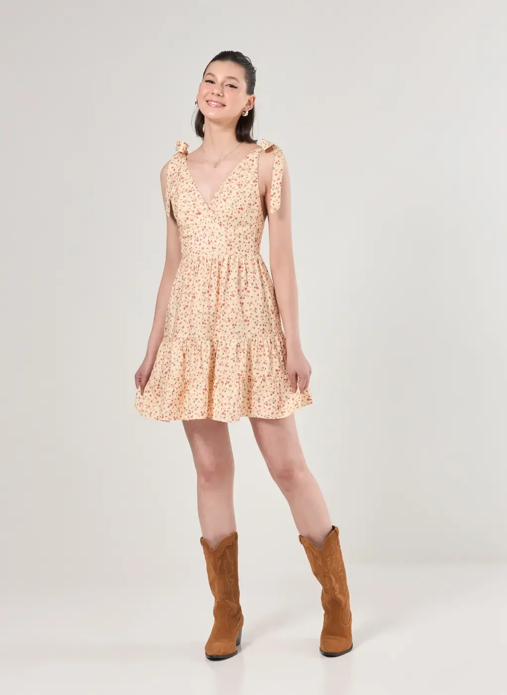 Vestido Laços Amarelo Manteiga Florzinhas