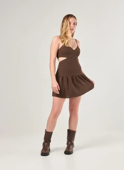 Vestido Curto Recortes Marrom