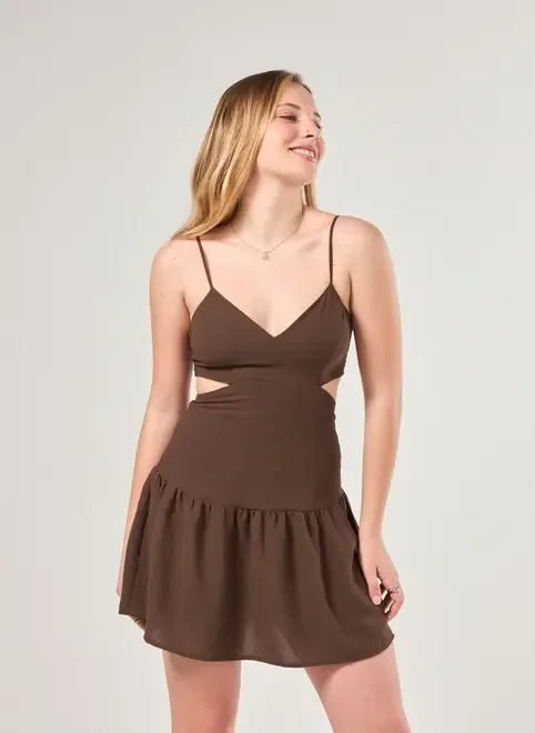 Vestido Curto Recortes Marrom