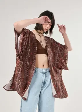 Kimono Marrom Estampa Boho