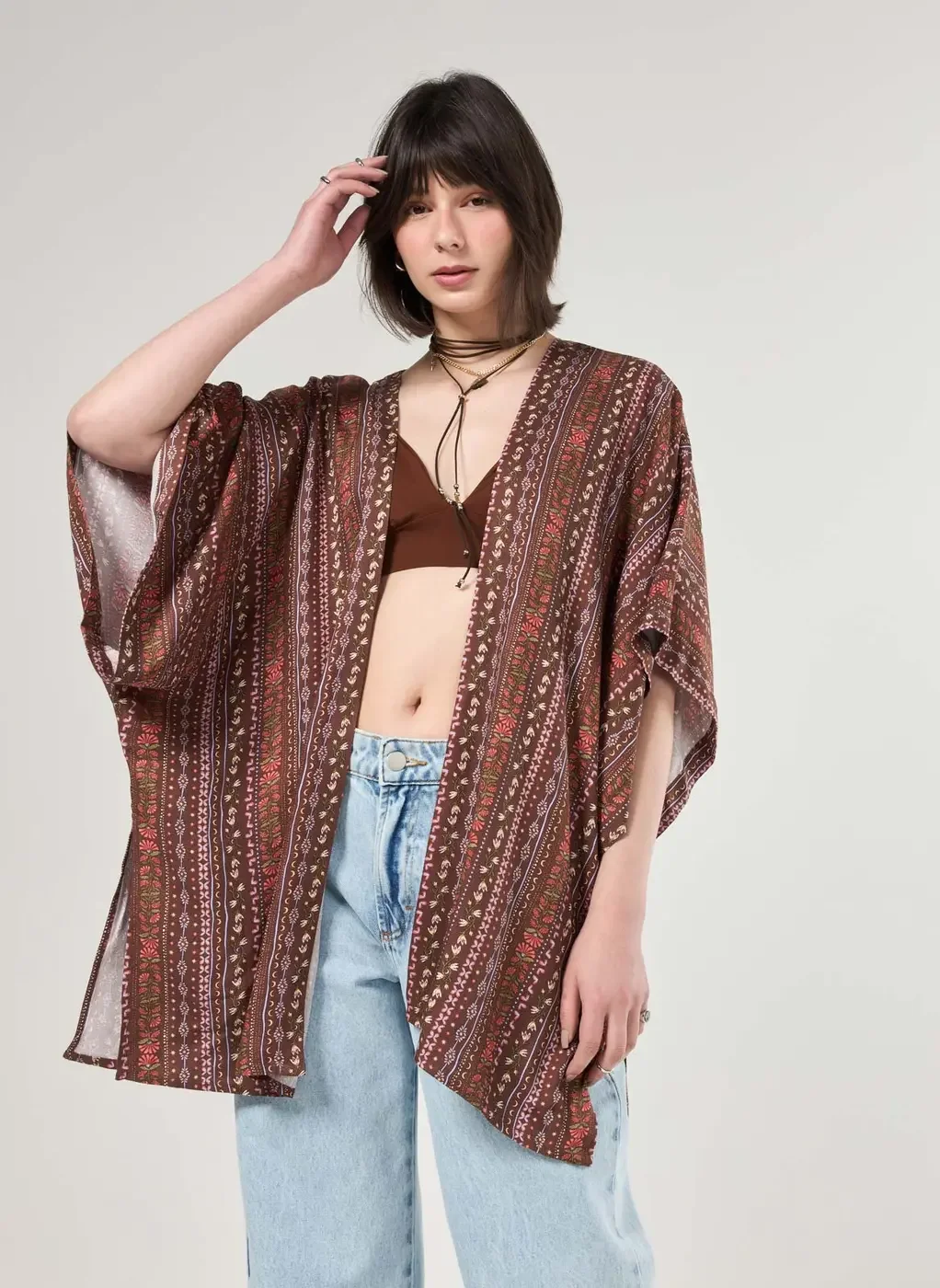 Kimono Marrom Estampa Boho