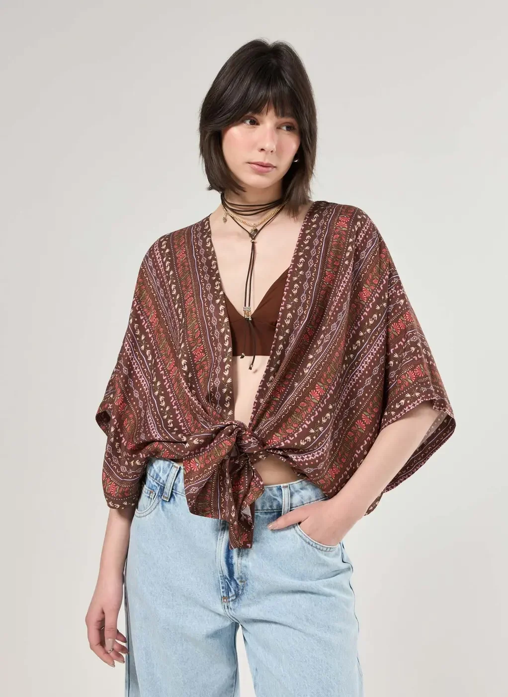 Kimono Marrom Estampa Boho