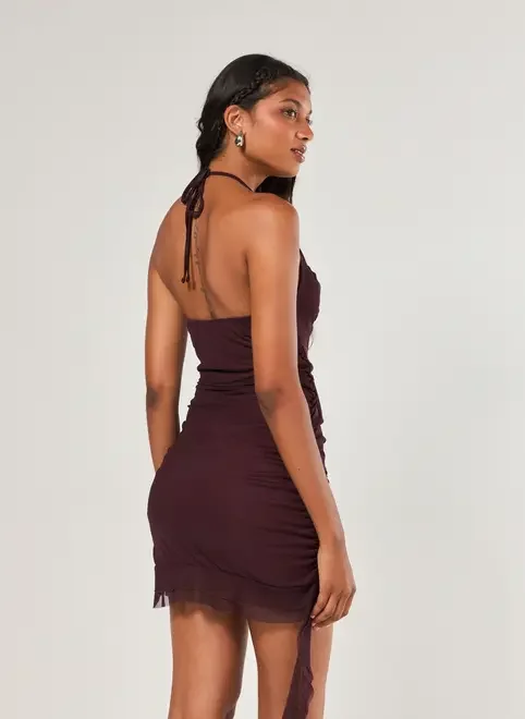 Vestido Curto Em Tule Vinho