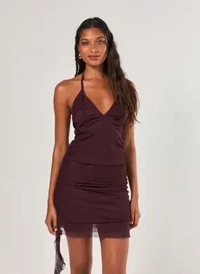 Vestido Curto Em Tule Vinho