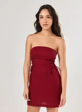 Vestido Curto Linho Amarrações Laterais