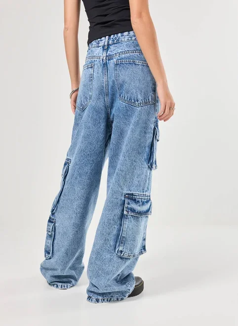 Calça Jeans Cargo Super Wide Leg