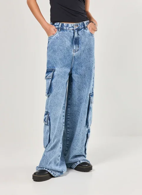 Calça Jeans Cargo Super Wide Leg