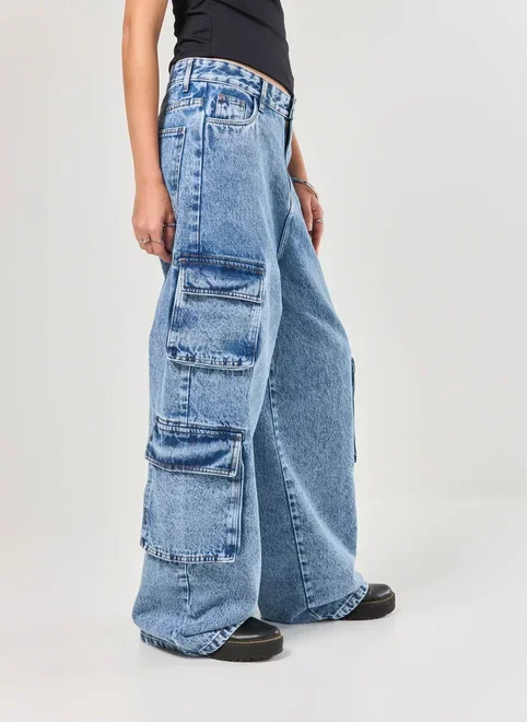 Calça Jeans Cargo Super Wide Leg
