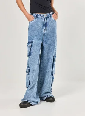 Calça Jeans Cargo Super Wide Leg