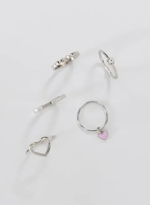 Conjunto 5 Anéis Prateados Coração