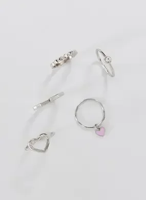 Conjunto 5 Anéis Prateados Coração