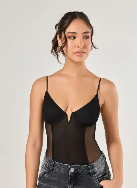 Body Tule Preto Costas Abertas