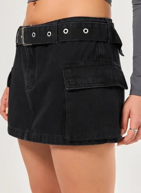 Saia Jeans Cintura Baixa Cargo Com Cinto