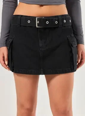 Saia Jeans Cintura Baixa Cargo Com Cinto