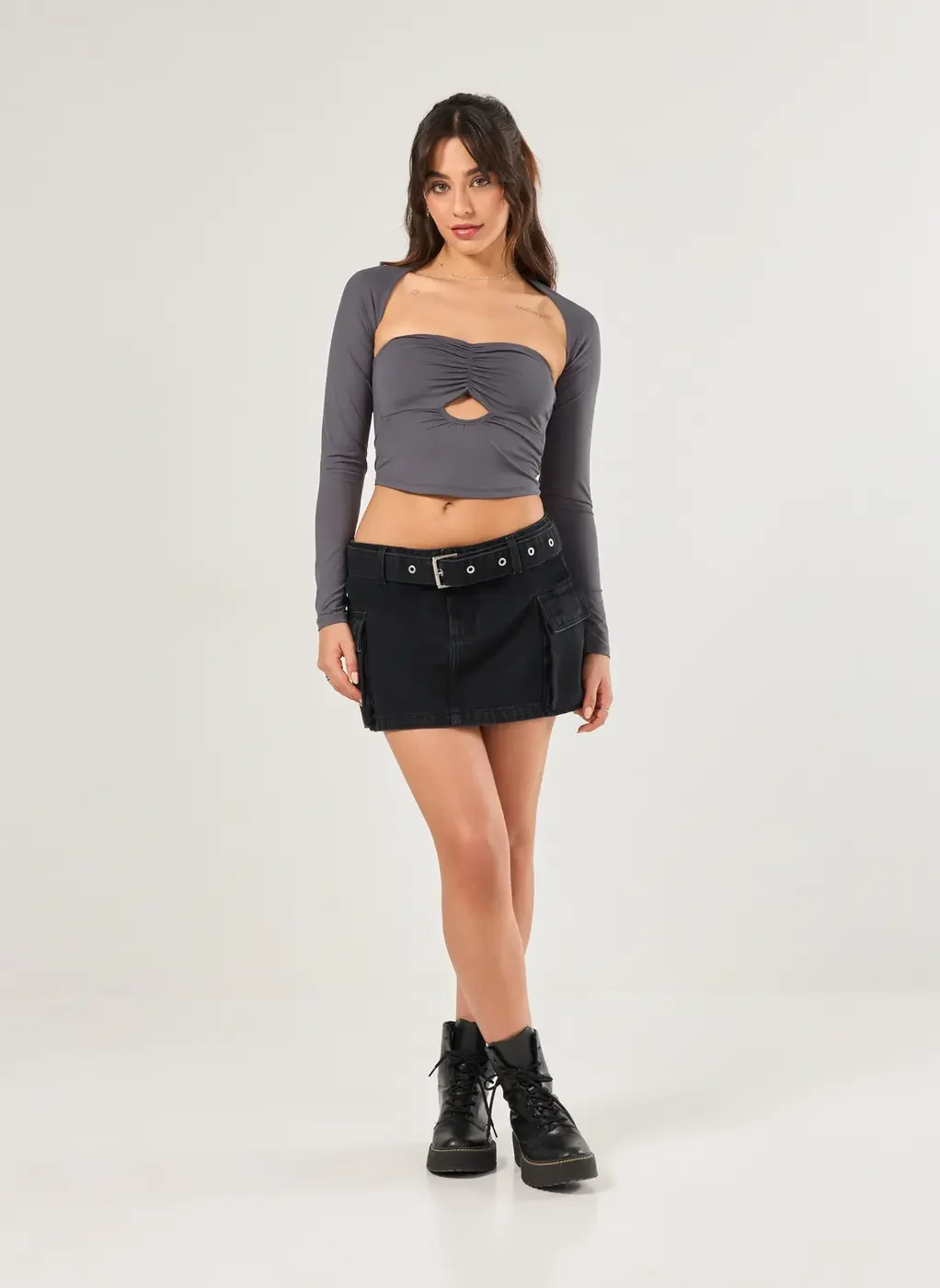 Saia Jeans Cintura Baixa Cargo Com Cinto