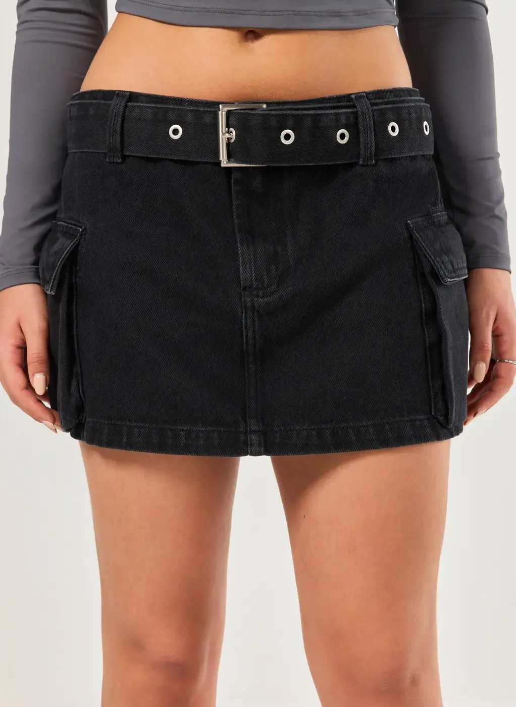 Saia Jeans Cintura Baixa Cargo Com Cinto