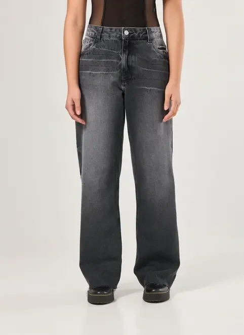 Calça Wide Leg Jeans Preto Com Lavagem