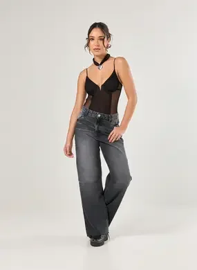 Calça Wide Leg Jeans Preto Com Lavagem
